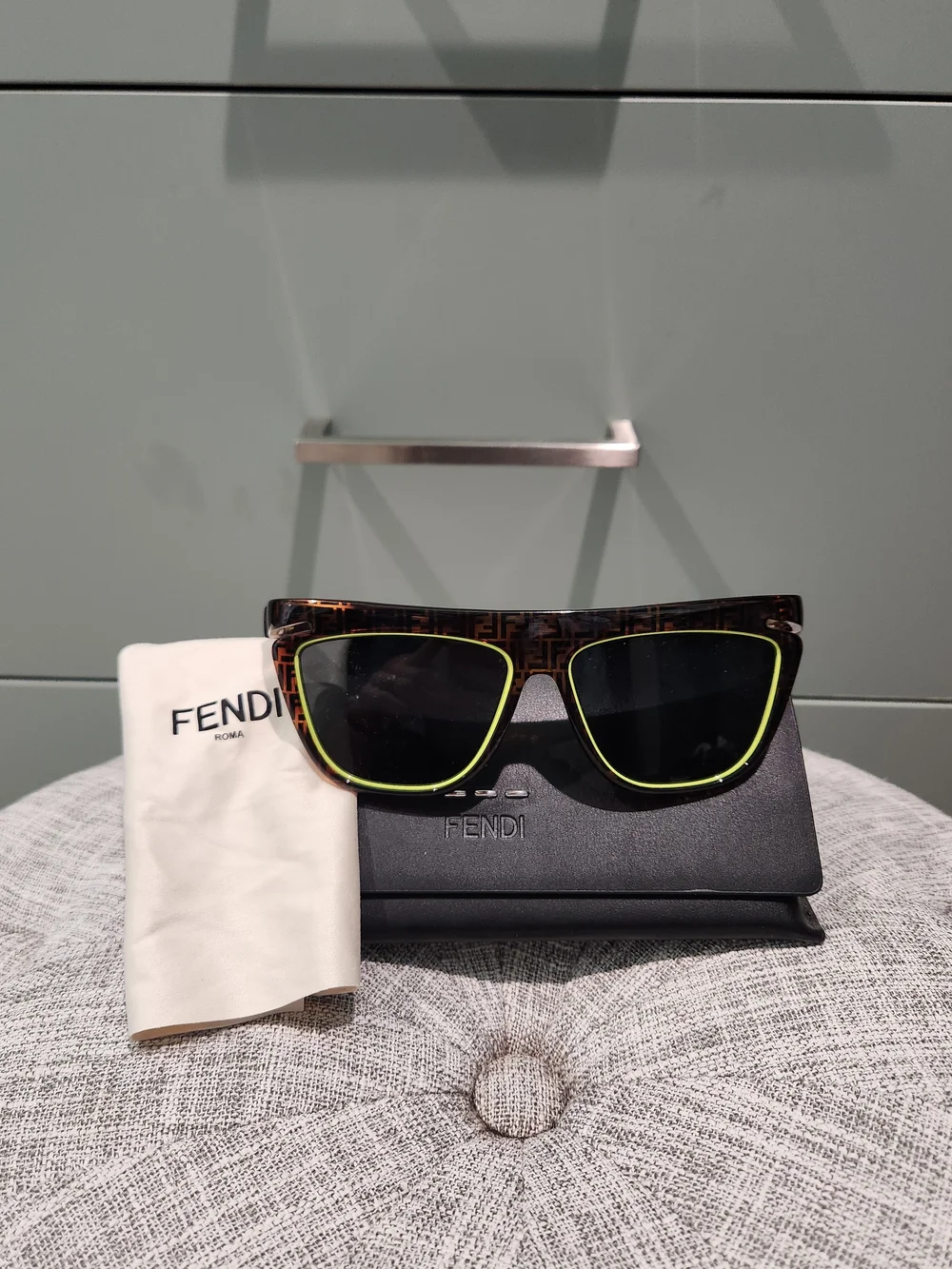 Fendi Brown Tortoiseshell Logo Sunglasses with Neon Yellow Trim - Picture 2 of 7